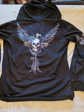 ELF Black V-Neck Hoodie with Winged Skull Graphic